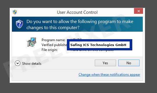 Screenshot where Safing ICS Technologies GmbH appears as the verified publisher in the UAC dialog